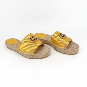 Gucci Metallic Gold Matelasse GG Espadrille Flat Slide Sandal Size 37 US 7 Women